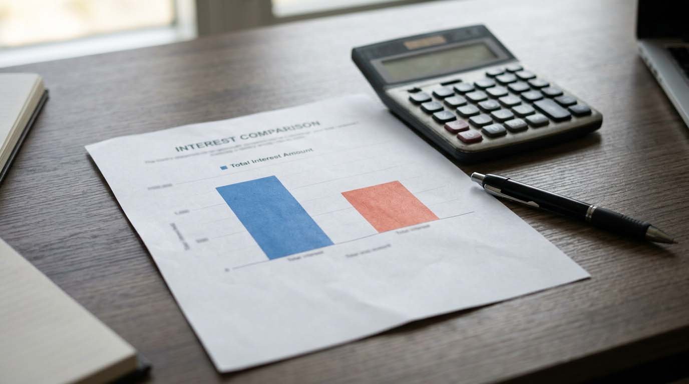 A printed chart comparing total interest paid on a 15-year versus 30-year mortgage, next to a calculator