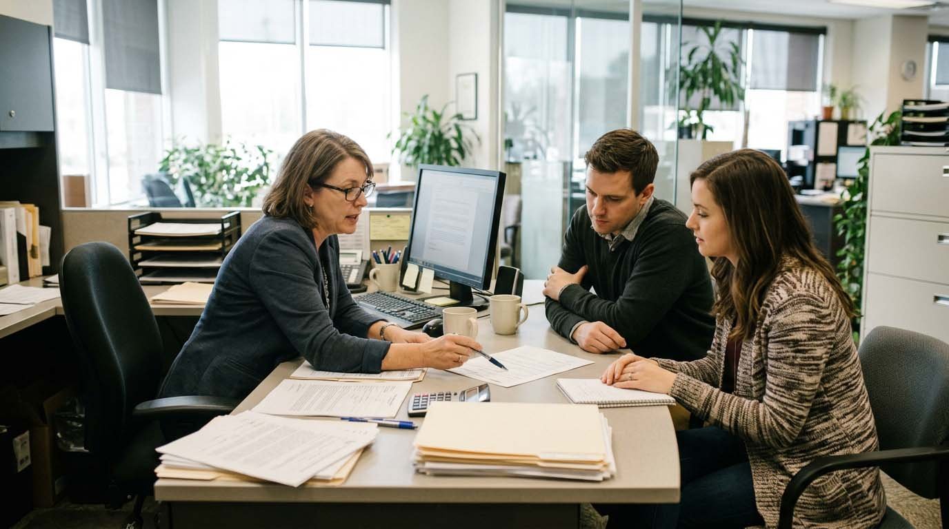 A loan officer reviewing mortgage paperwork with a couple at a desk in an office