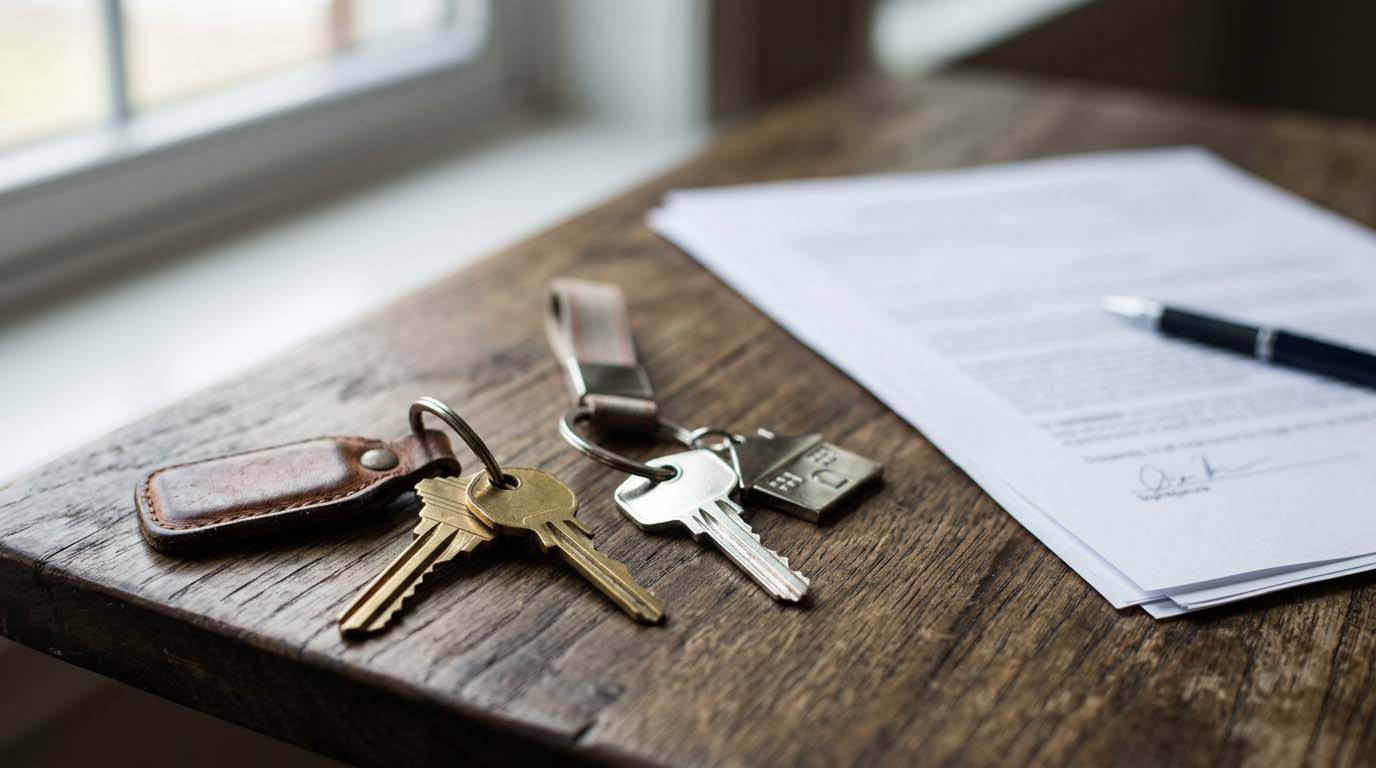 Two house keys on separate keychains resting on a wooden table next to mortgage documents
