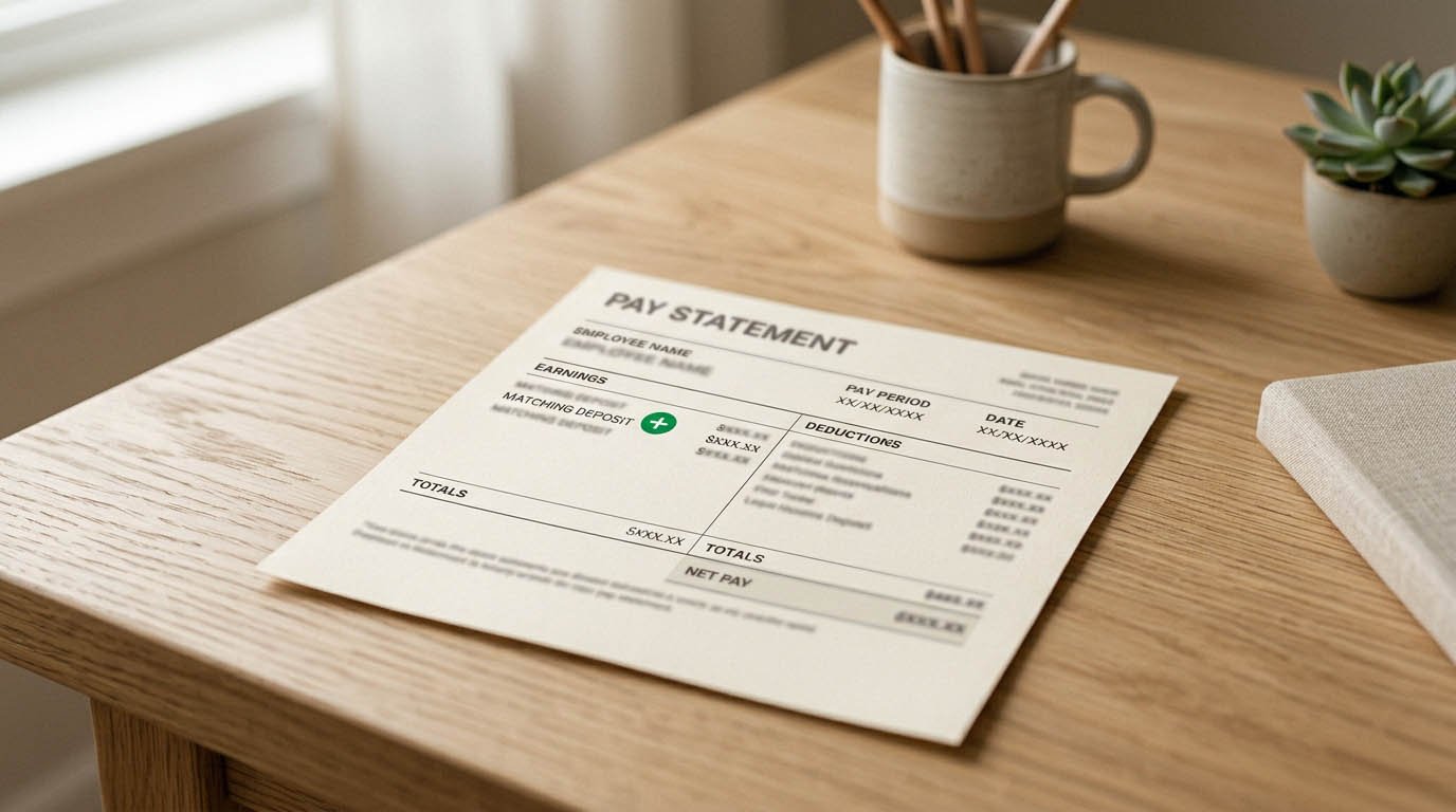 A paycheck with a matching deposit icon, illustrating the employer match priority in 401k vs IRA decisions