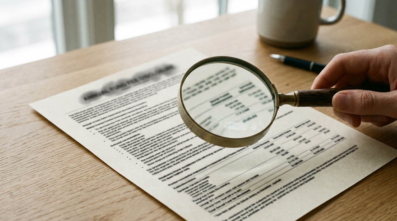 A magnifying glass over a fund expense ratio, illustrating how fees factor into 401k vs IRA decisions