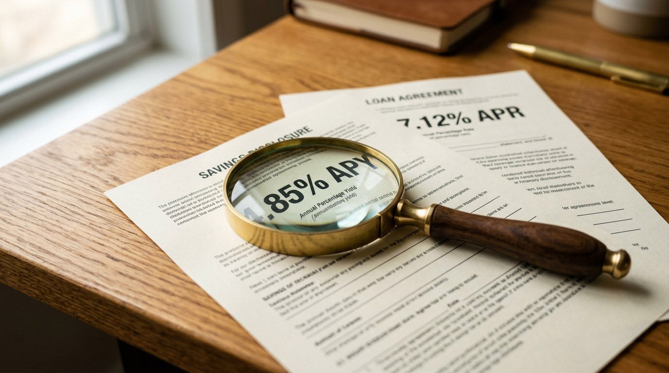 A magnifying glass over a printed percentage figure, comparing APY vs APR disclosure documents