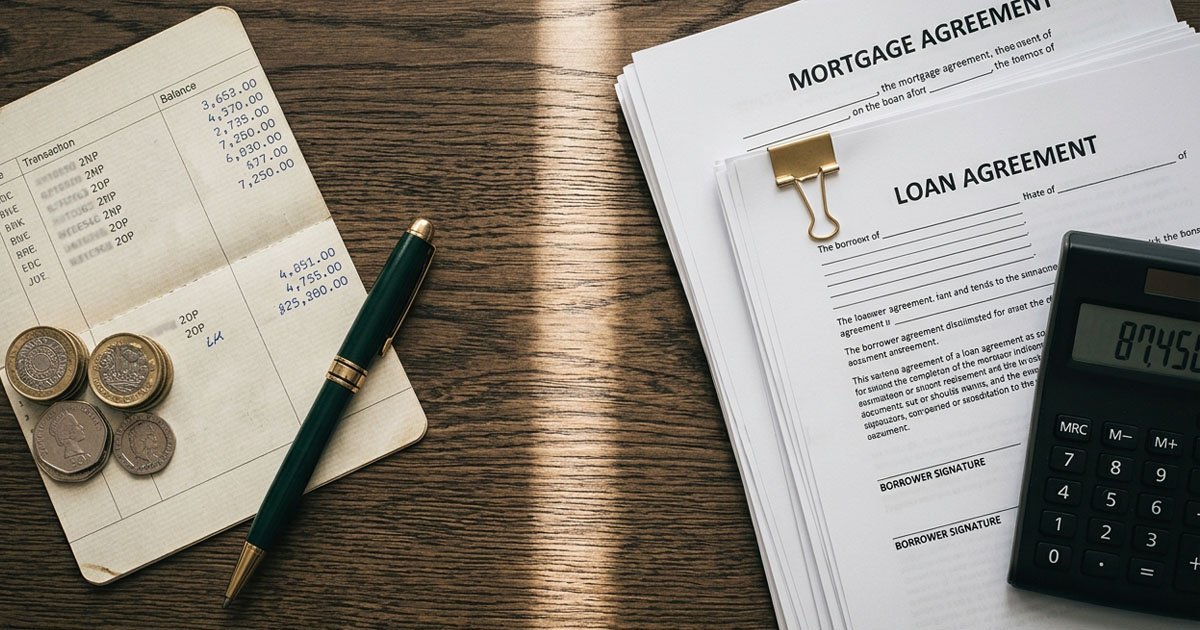 APY vs APR illustrated with a savings deposit slip and a loan agreement side by side on a desk