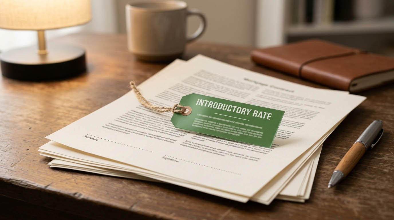 A lower introductory rate label next to a mortgage document, illustrating the ARM vs fixed-rate mortgage cost difference
