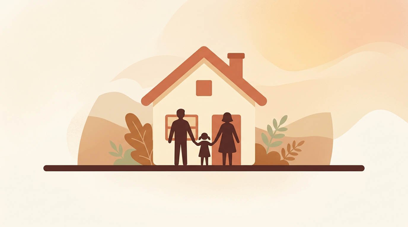 A family standing in front of a house with a steady payment icon, representing long-term stability in an ARM vs fixed-rate mortgage