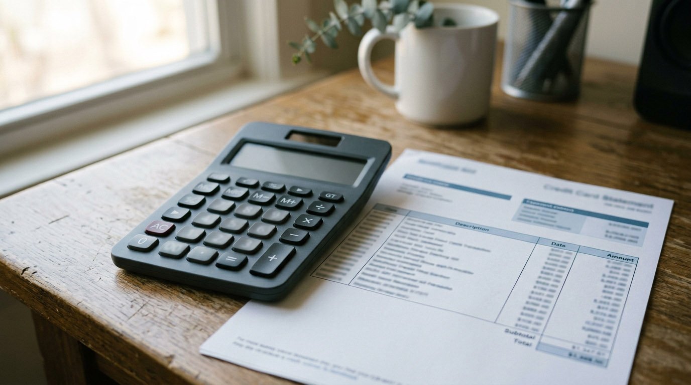A calculator next to a credit card statement, illustrating how to calculate savings from balance transfer cards