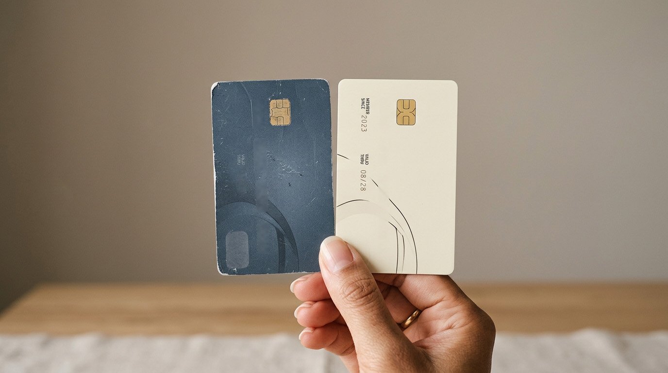 An old credit card being swapped for a new one