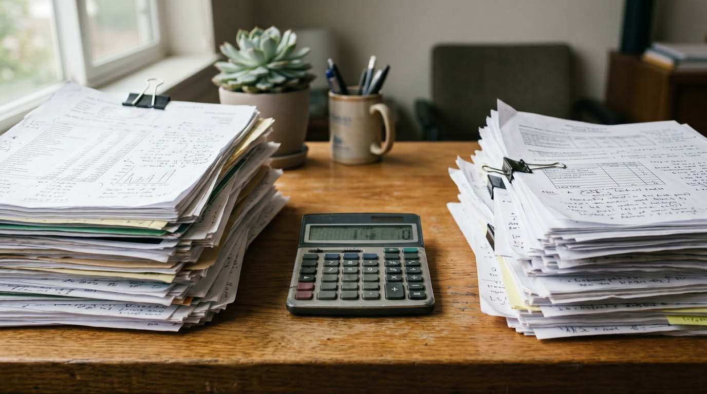 A calculator and two documents on a desk, comparing the cost of two different debt payoff options