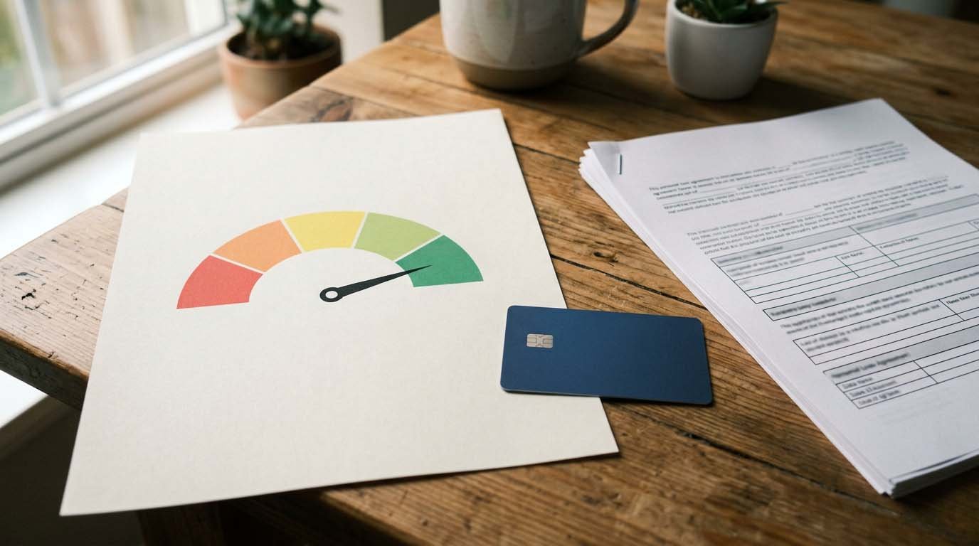 A credit score gauge illustration next to a credit card and loan paperwork on a desk