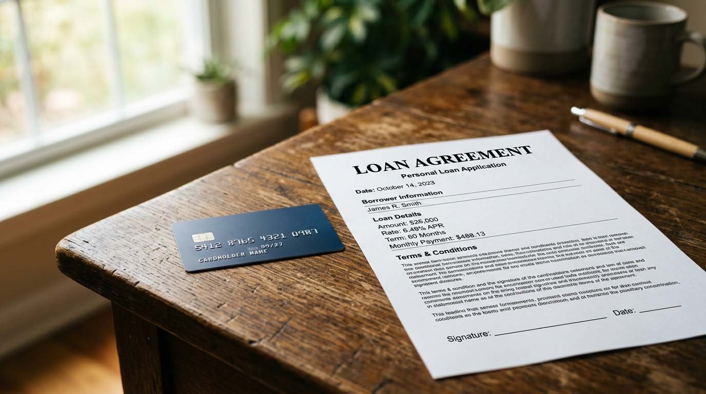 A credit card and a loan document side by side on a desk, representing two debt payoff paths