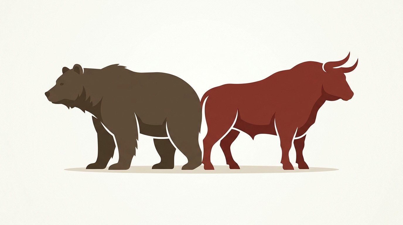 A bear and a bull illustrated back to back, symbolizing the origin of bear market vs bull market terminology