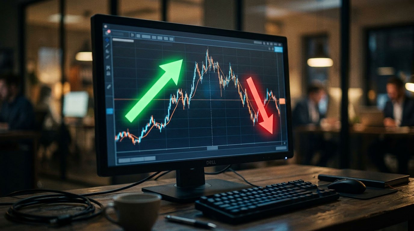 A stock chart with an upward arrow and a downward arrow