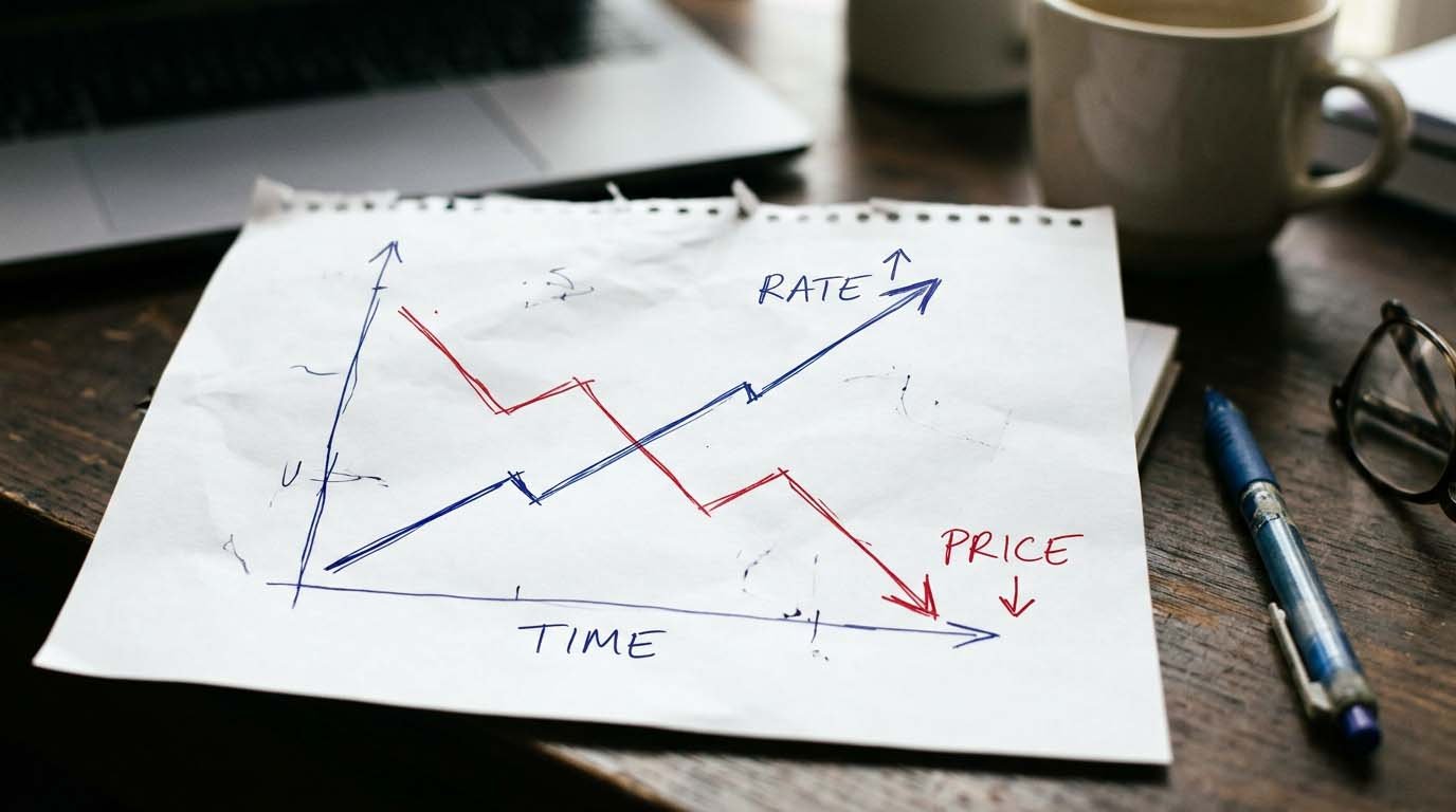 A chart showing rising interest rates next to a declining bond price line