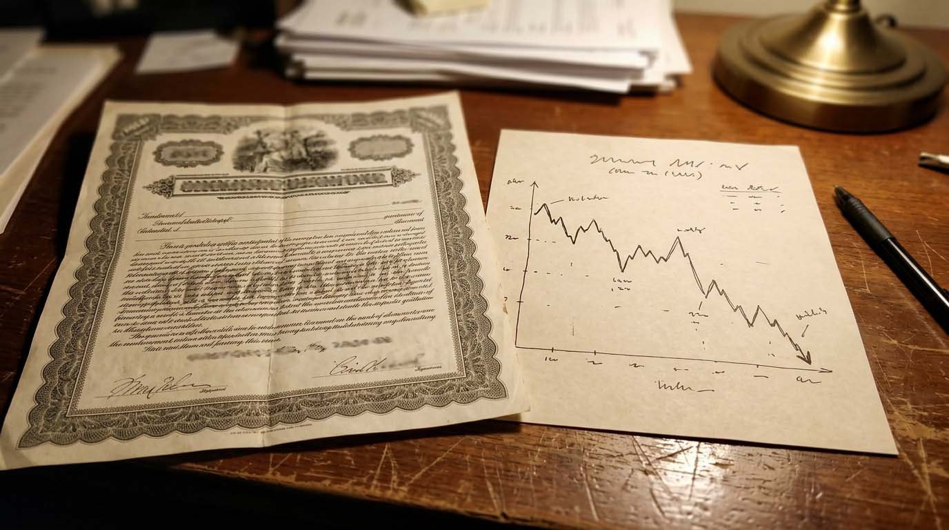 A bond certificate next to a declining price chart during a period of rising interest rates