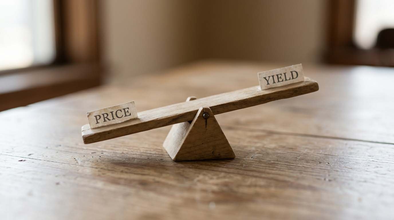 A seesaw illustration with a price label on one side and a yield label on the other