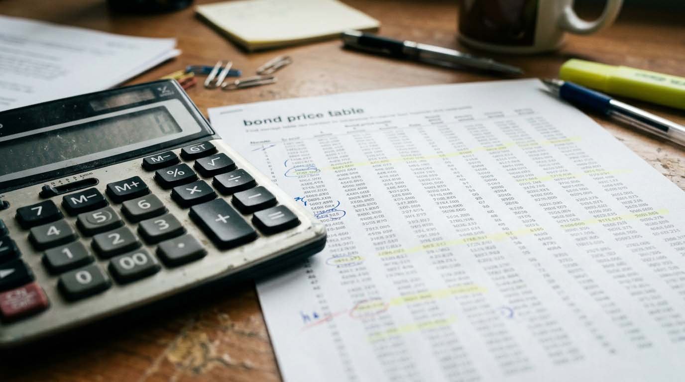 A calculator and bond price table showing a yield calculation