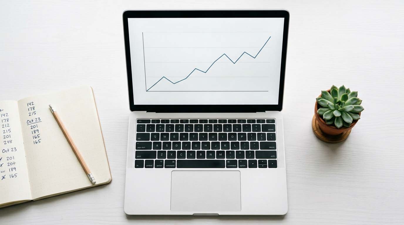 A laptop showing a simple line graph next to a notebook with handwritten numbers on a clean desk