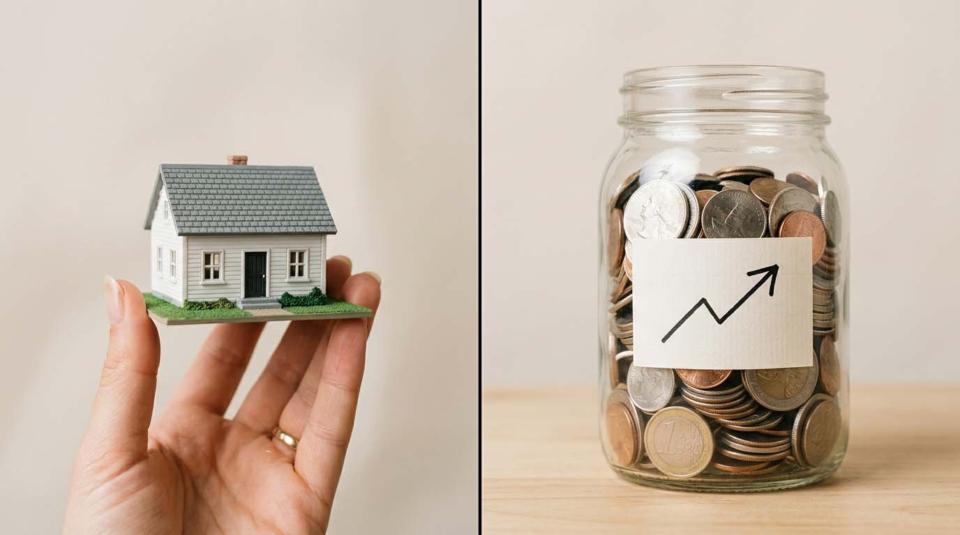 Split image showing a hand holding a small house model next to a jar of coins with a growth arrow drawn on paper