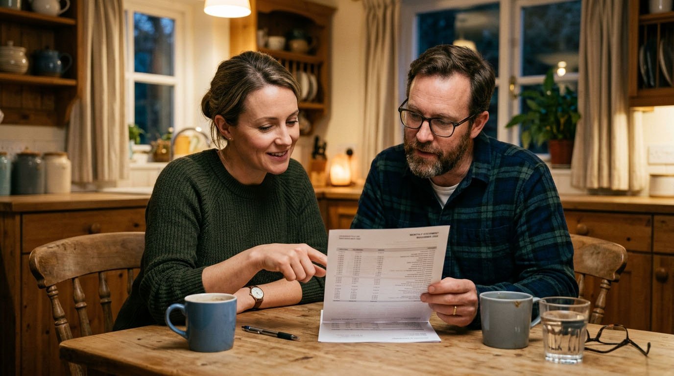 Two people reviewing a credit card statement together, illustrating an authorized user helping someone build credit from scratch
