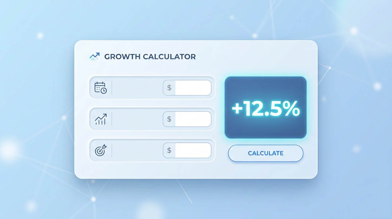 A finance calculator interface showing beginning value, ending value, and number of years fields, with the resulting CAGR percentage highlighted