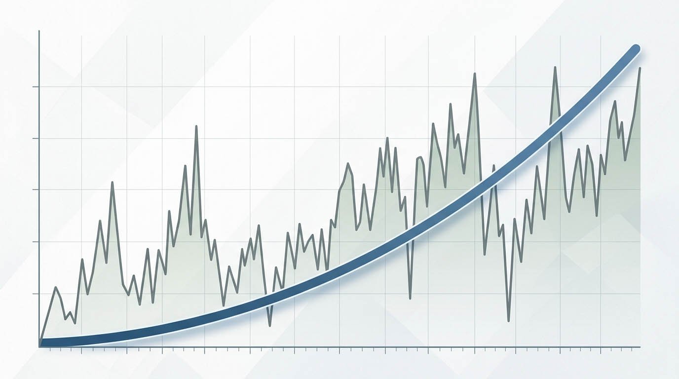 A smooth growth line overlaid on a jagged volatile investment chart