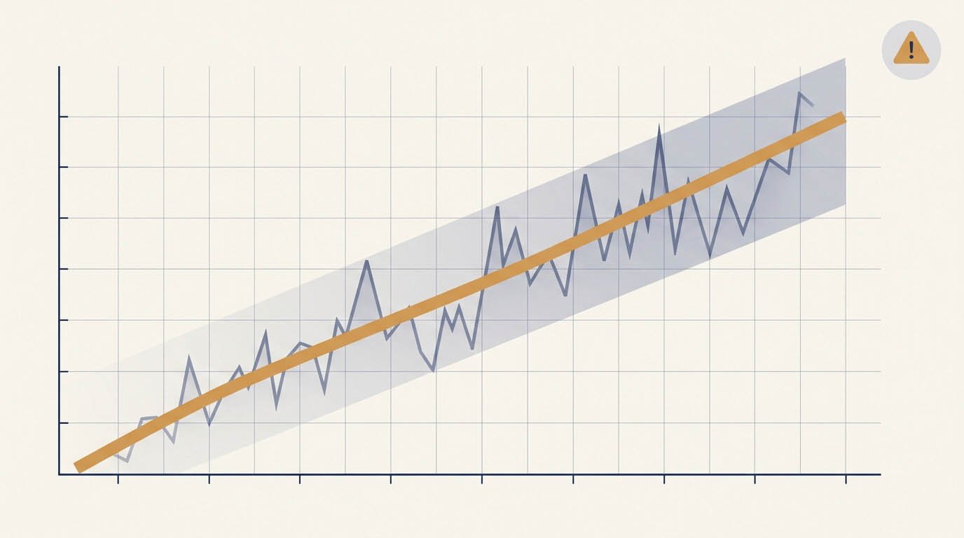 A single smooth CAGR trend line with a warning icon beside a hidden band of volatile actual year to year price swings