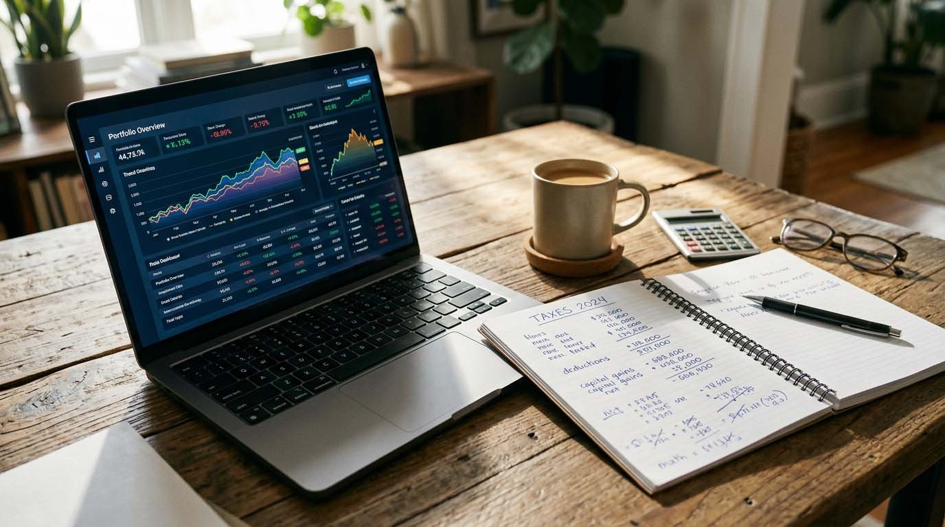 A realistic photo of a laptop showing an investment portfolio next to a notepad with tax calculations, representing planning for capital gains tax before selling