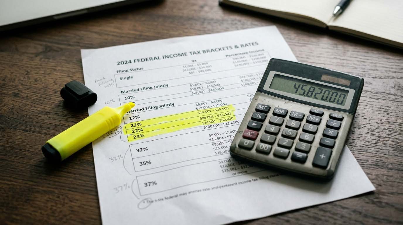 A realistic photo of a printed tax bracket chart with a highlighter and calculator, representing capital gains tax rate tiers