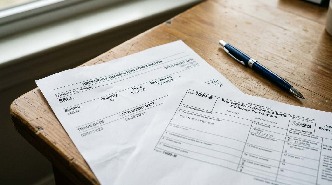 A brokerage sell confirmation next to a 1099 tax form on a desk