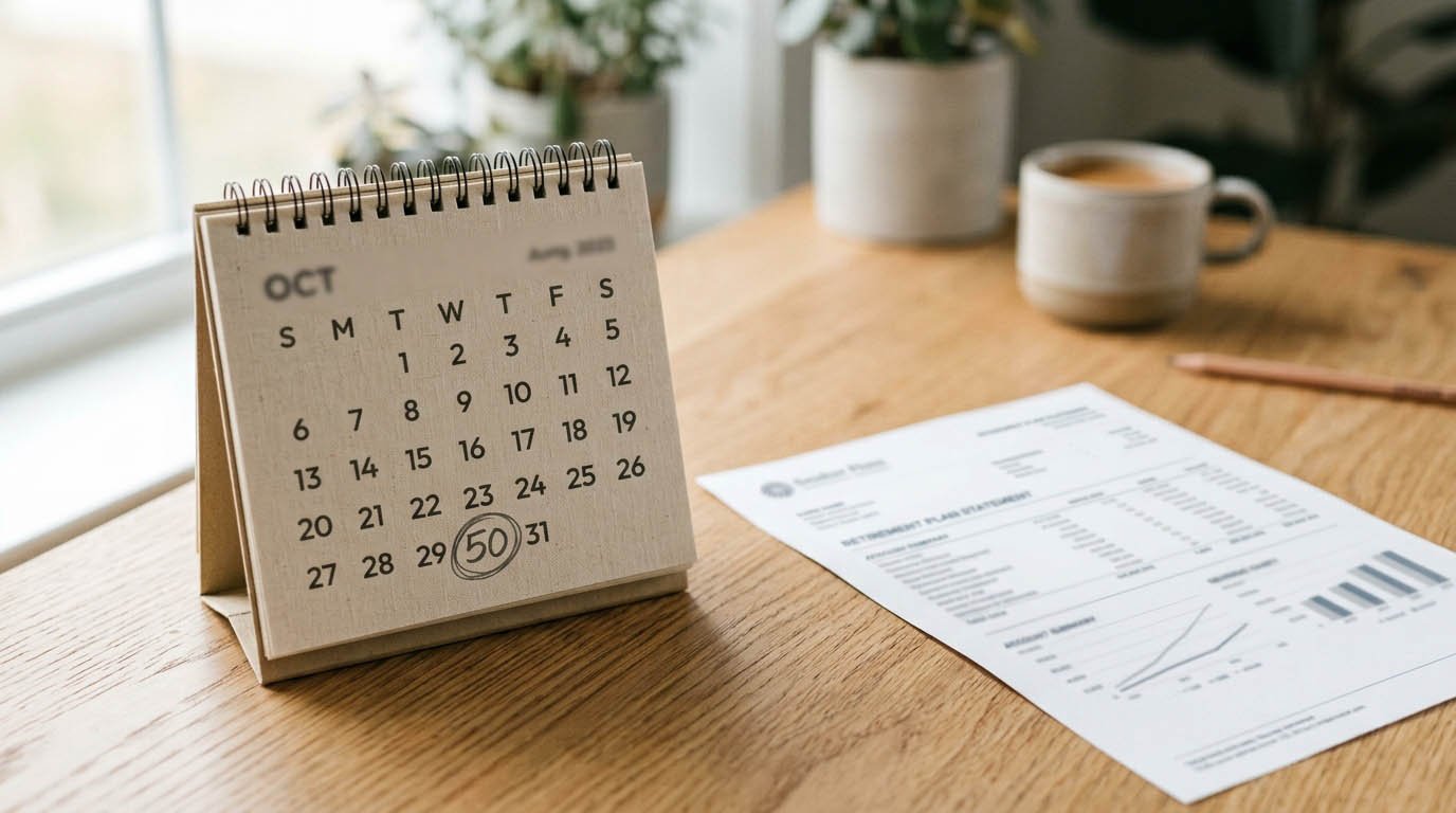A calendar marked at age 50 next to a retirement account statement