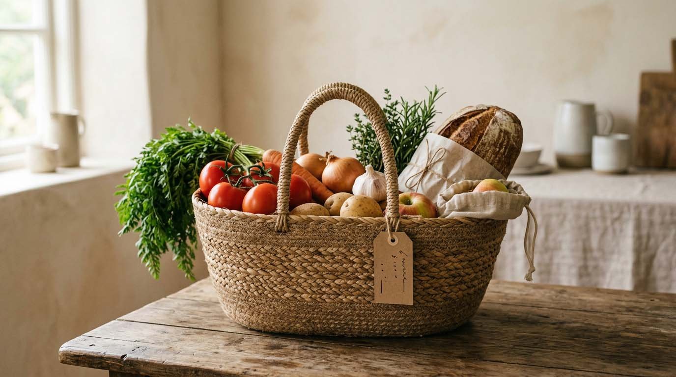 A grocery basket with a price tag