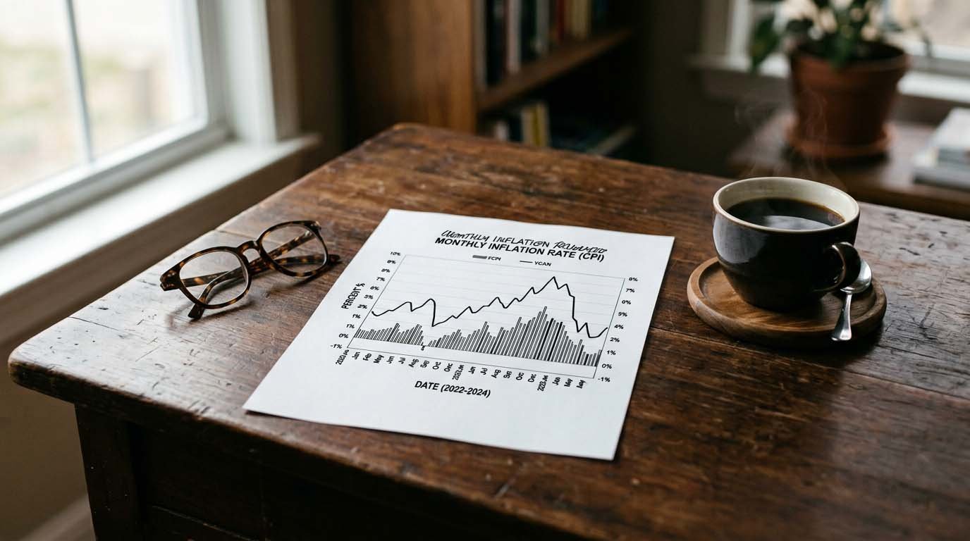 A printed inflation report chart on a wooden desk next to a cup of coffee and reading glasses