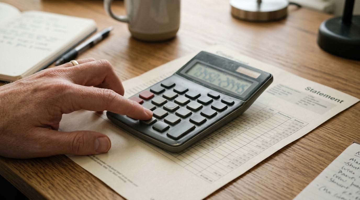 A calculator and a credit card statement showing an annual fee breakdown on a desk