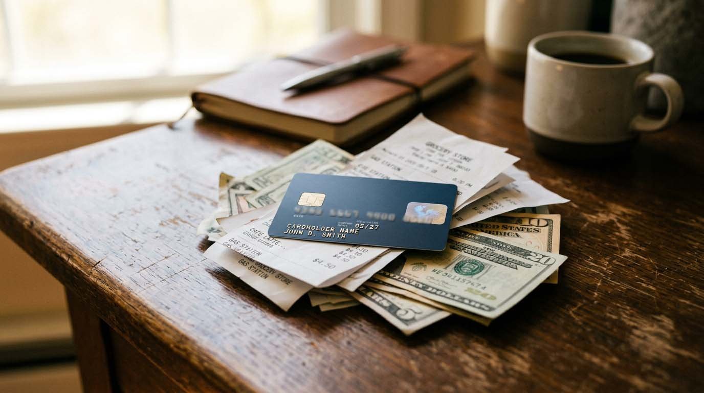 A rewards credit card resting on top of cash and a small stack of receipts