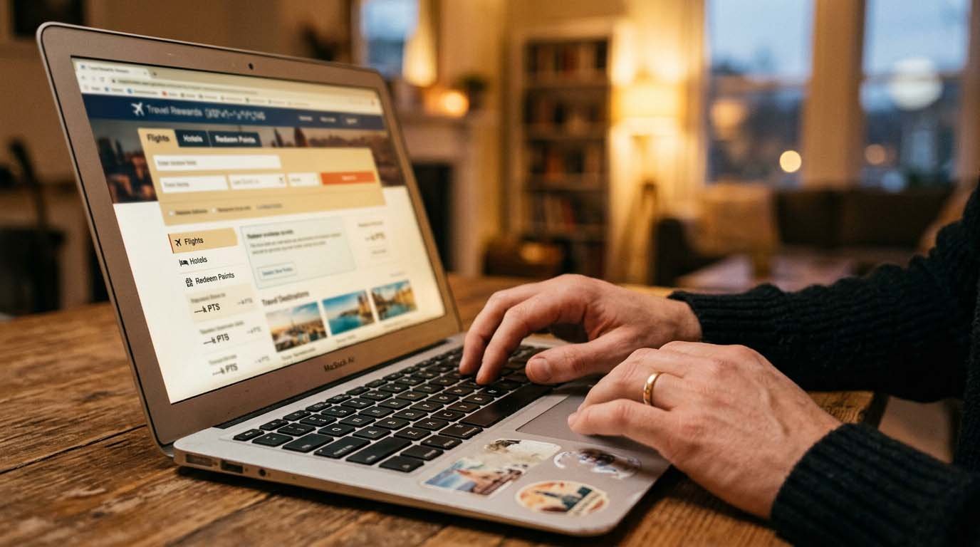 A person redeeming credit card points on a laptop screen showing travel booking options
