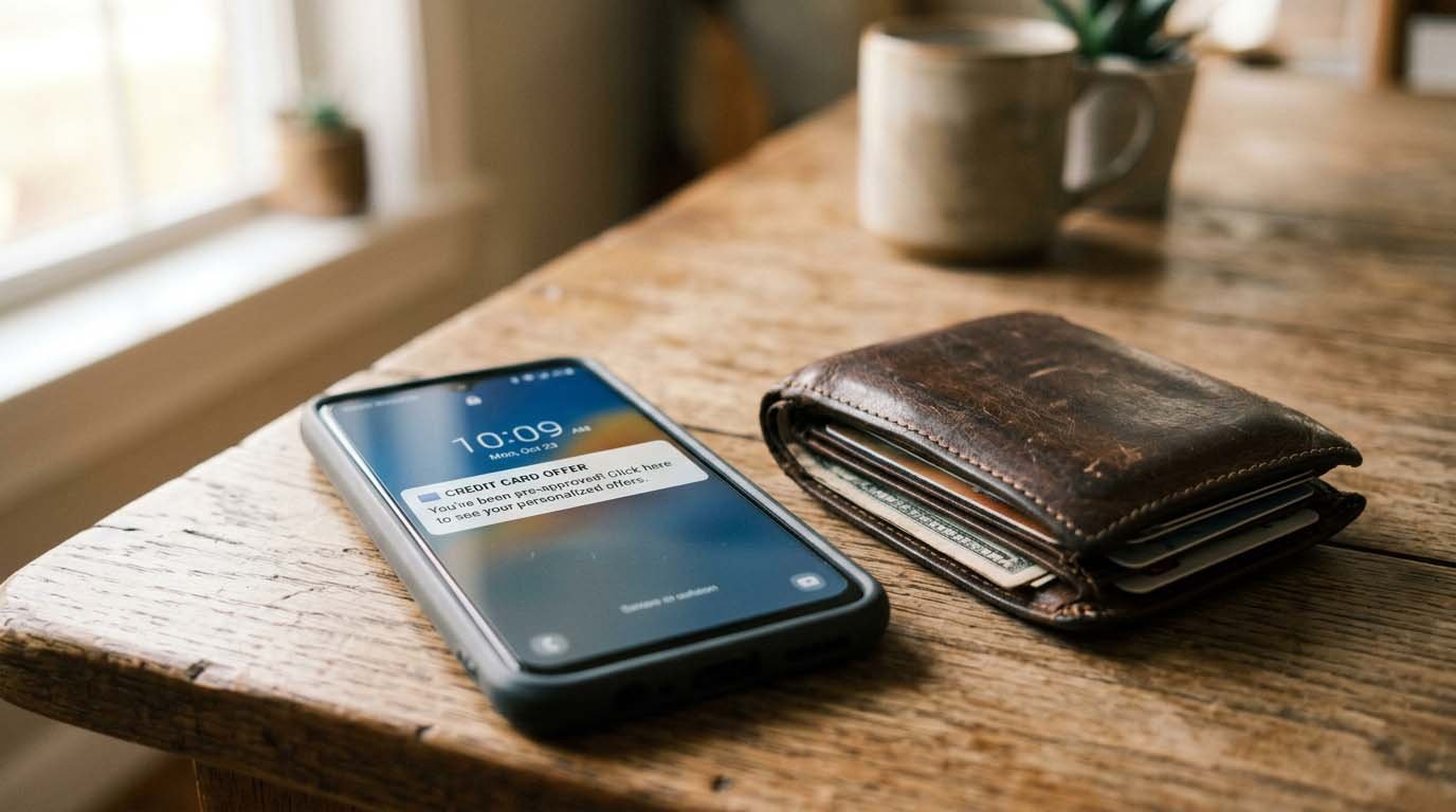 A phone screen showing a credit card sign-up bonus offer next to a wallet