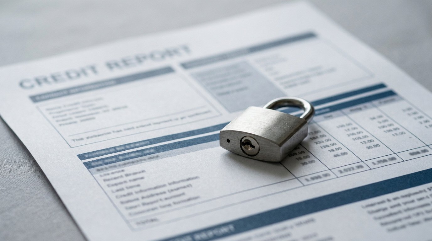 A padlock resting on a credit report