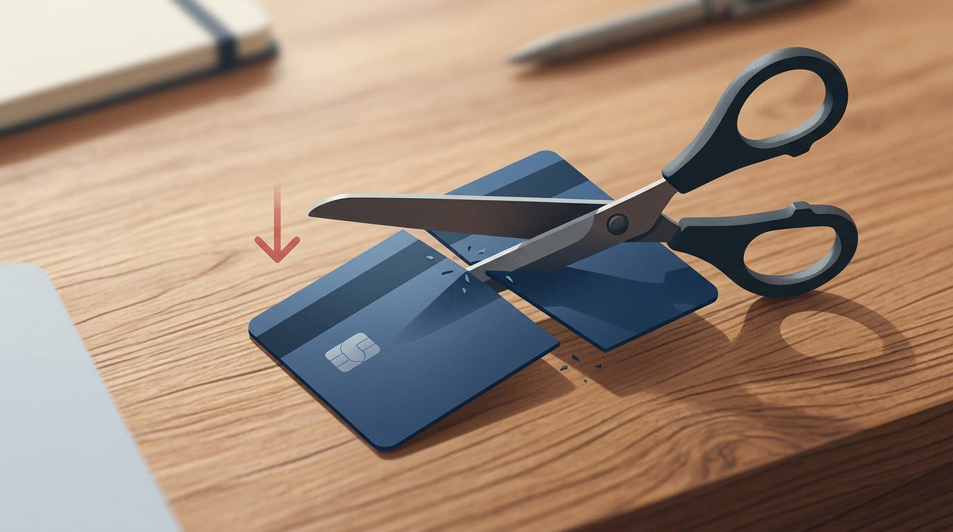 A cut-up credit card next to a downward arrow, illustrating how closing a card raises credit utilization