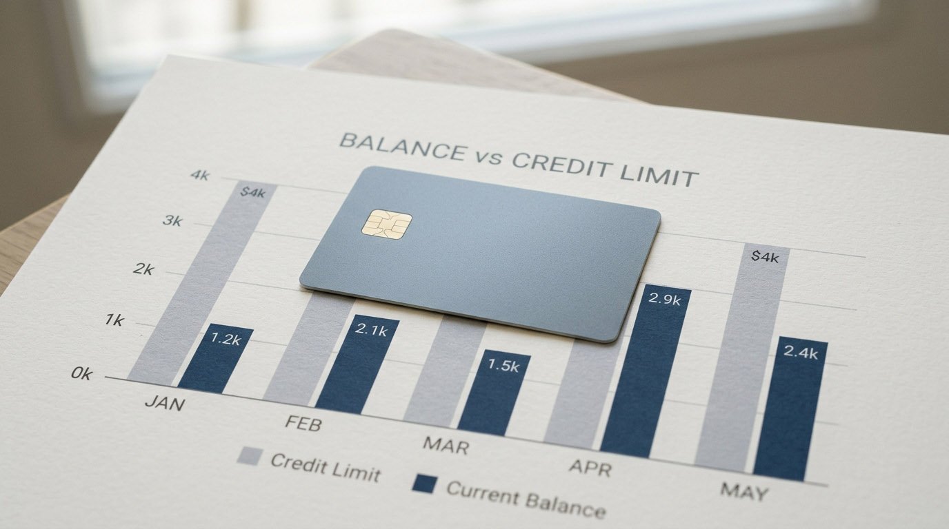 A credit card resting on a bar chart showing credit utilization ratio