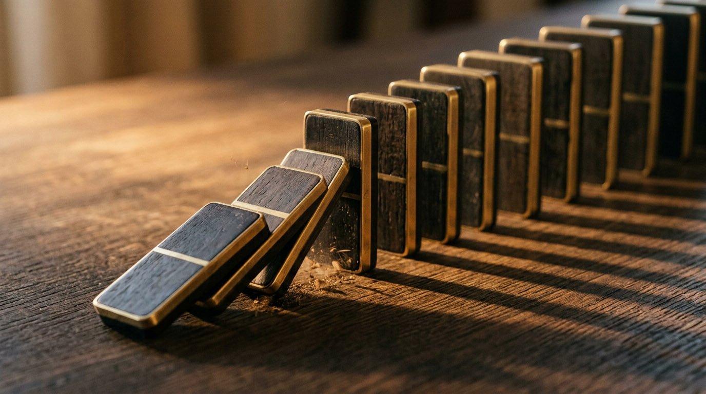A row of dominoes mid-fall, the smallest one having just toppled the next, illustrating debt snowball vs avalanche momentum