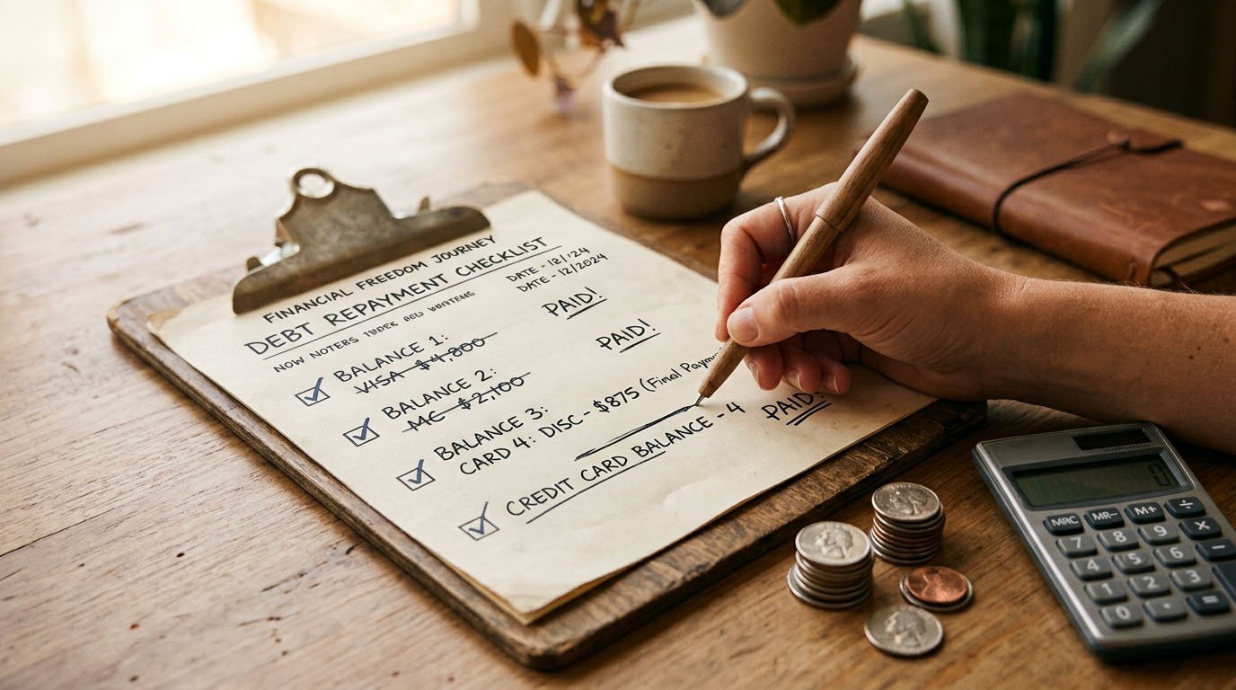 A hand checking off a paid-off credit card balance on a clipboard, illustrating how paying down debt improves your debt-to-income ratio