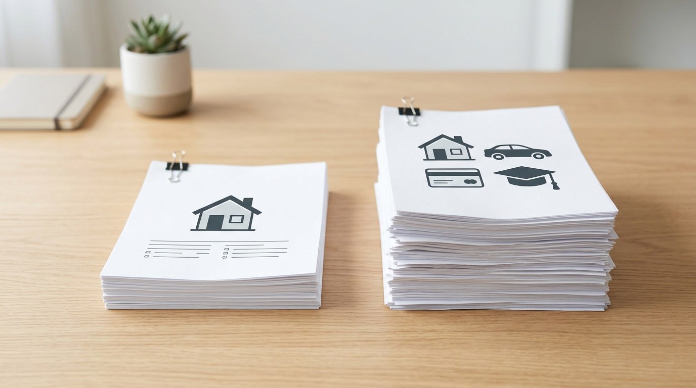 Two labeled document stacks comparing front-end debt-to-income ratio, housing costs only, against back-end debt-to-income ratio, all monthly debts