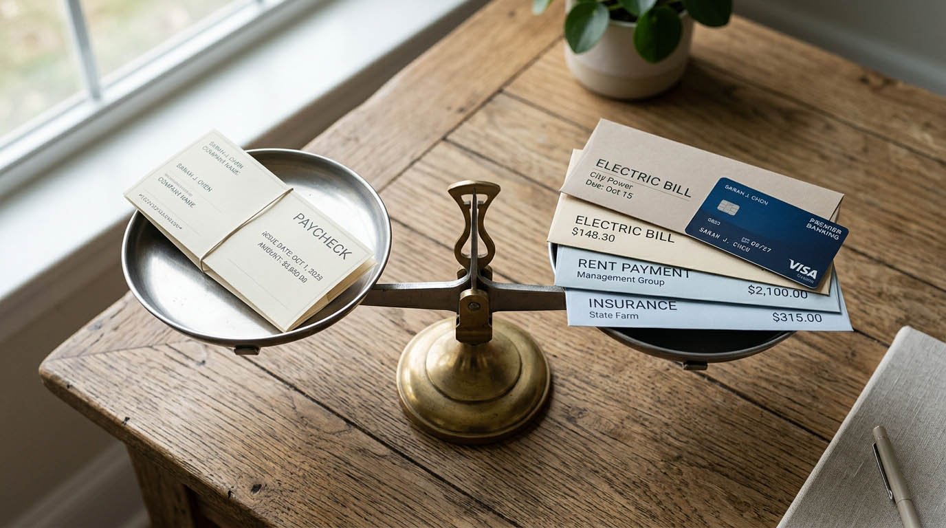A balance scale weighing a paycheck against a stack of monthly bills
