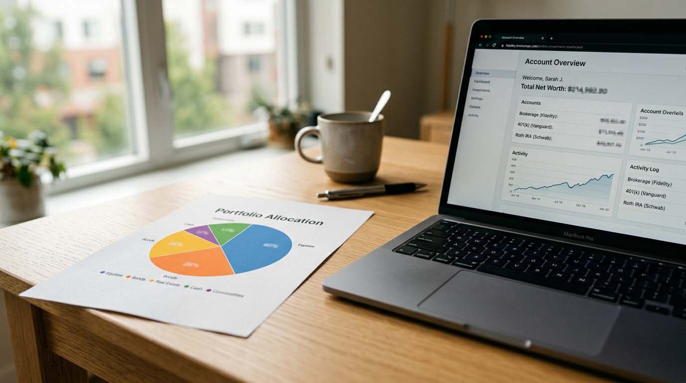 A portfolio allocation pie chart printed on paper next to a laptop showing investment accounts
