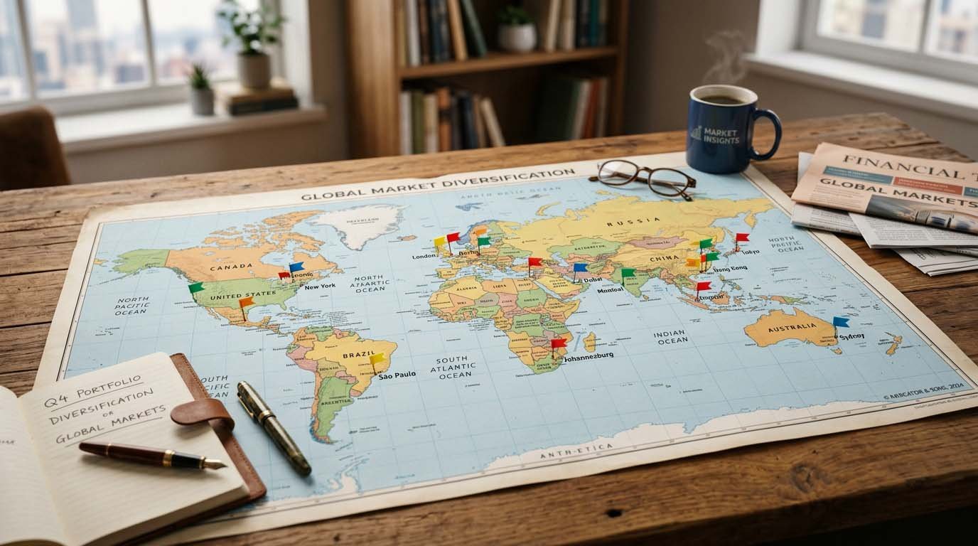 A world map with markers over several countries, representing global market diversification