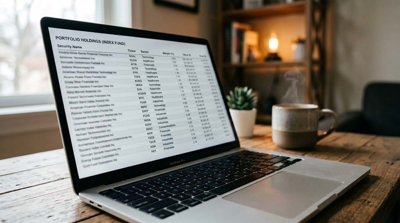 A laptop screen showing a list of index fund holdings across multiple sectors