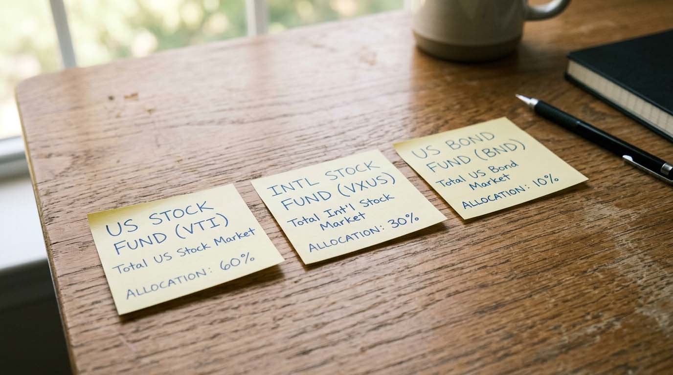 Three fund allocation labels arranged on a desk representing a simple diversified portfolio