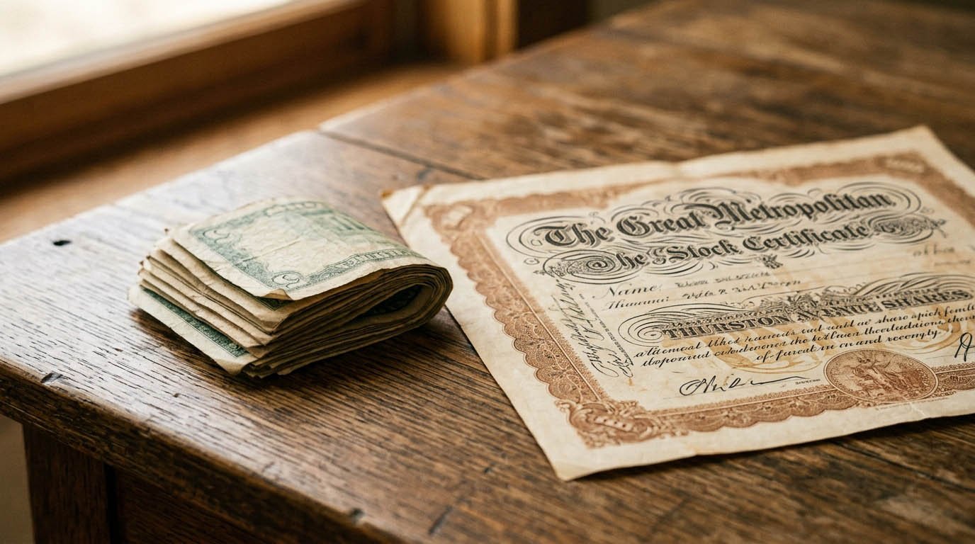 Cash resting next to a stock certificate