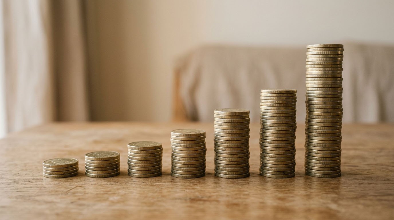 Small stacks of coins growing progressively larger, illustrating compounding through dividend investing reinvestment