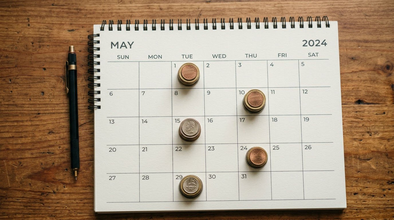 A desk calendar with small stacks of coins on several dates, illustrating dollar-cost averaging